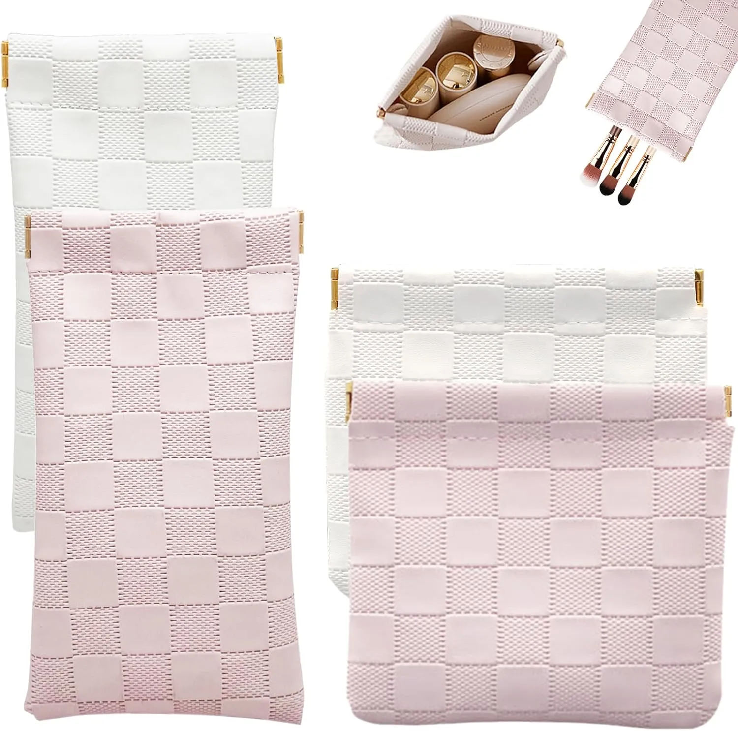 4PCS Small Makeup Bag for Purse, Mini Leather Pocket Cosmetic Bag for Women, Waterproof Portable Makeup Pouch No Zipper Coin Purse Lipstick Bag Accessories, Checkered Travel Storage Bag(White, Pink)