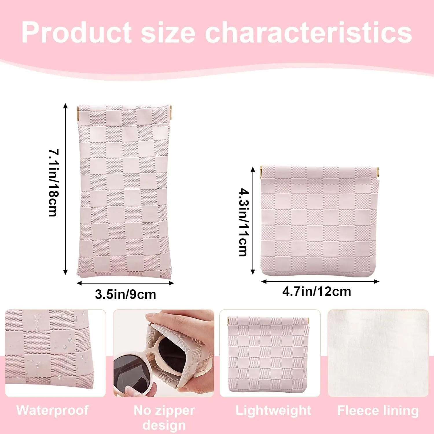 4PCS Small Makeup Bag for Purse, Mini Leather Pocket Cosmetic Bag for Women, Waterproof Portable Makeup Pouch No Zipper Coin Purse Lipstick Bag Accessories, Checkered Travel Storage Bag(White, Pink)