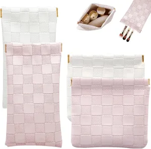 4PCS Small Makeup Bag for Purse, Mini Leather Pocket Cosmetic Bag for Women, Waterproof Portable Makeup Pouch No Zipper Coin Purse Lipstick Bag Accessories, Checkered Travel Storage Bag(White, Pink)