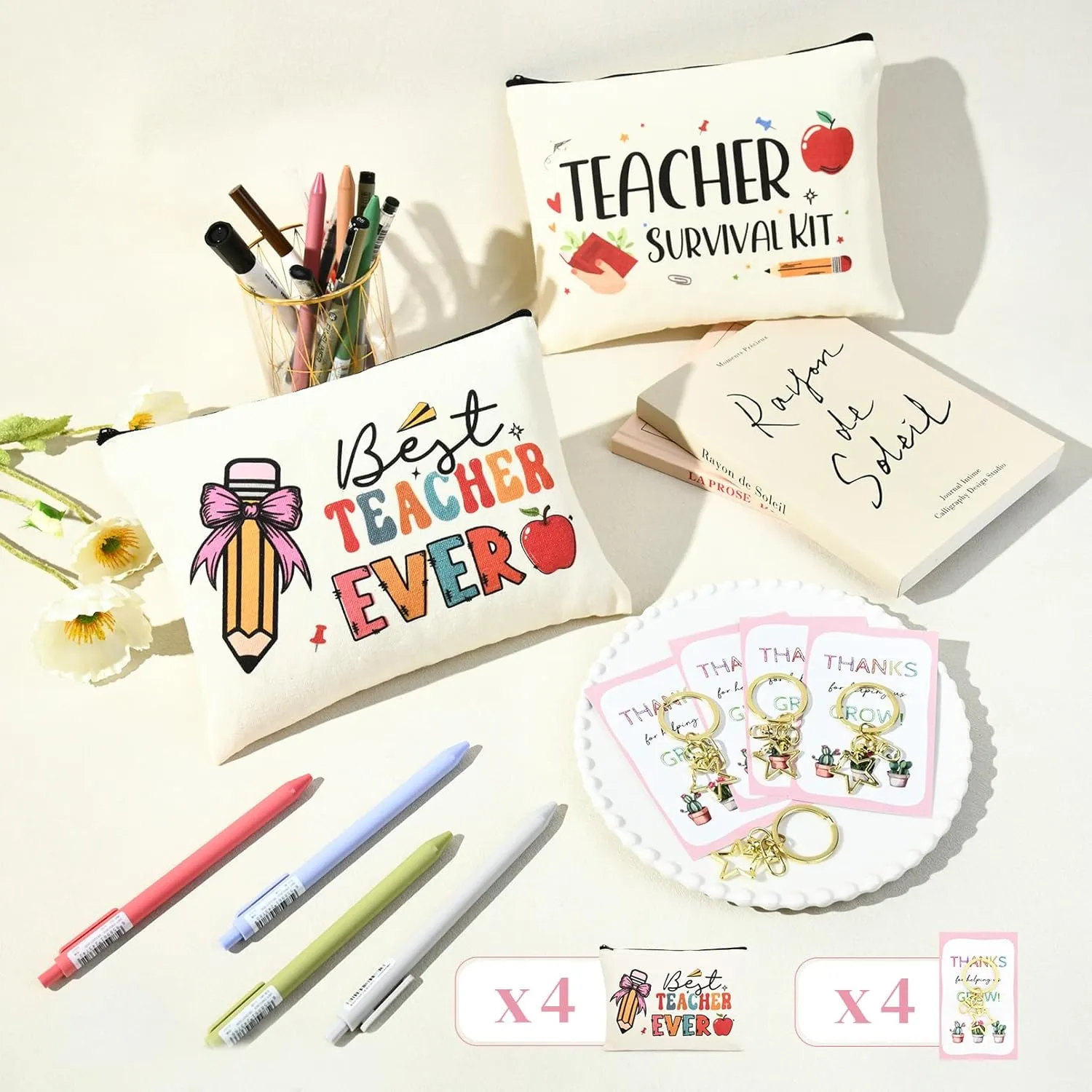 8PCS Teacher Appreciation Gifts Bulk Teacher Gifts Makeup Bags Survival Kit Appreciation Week Keychain for women