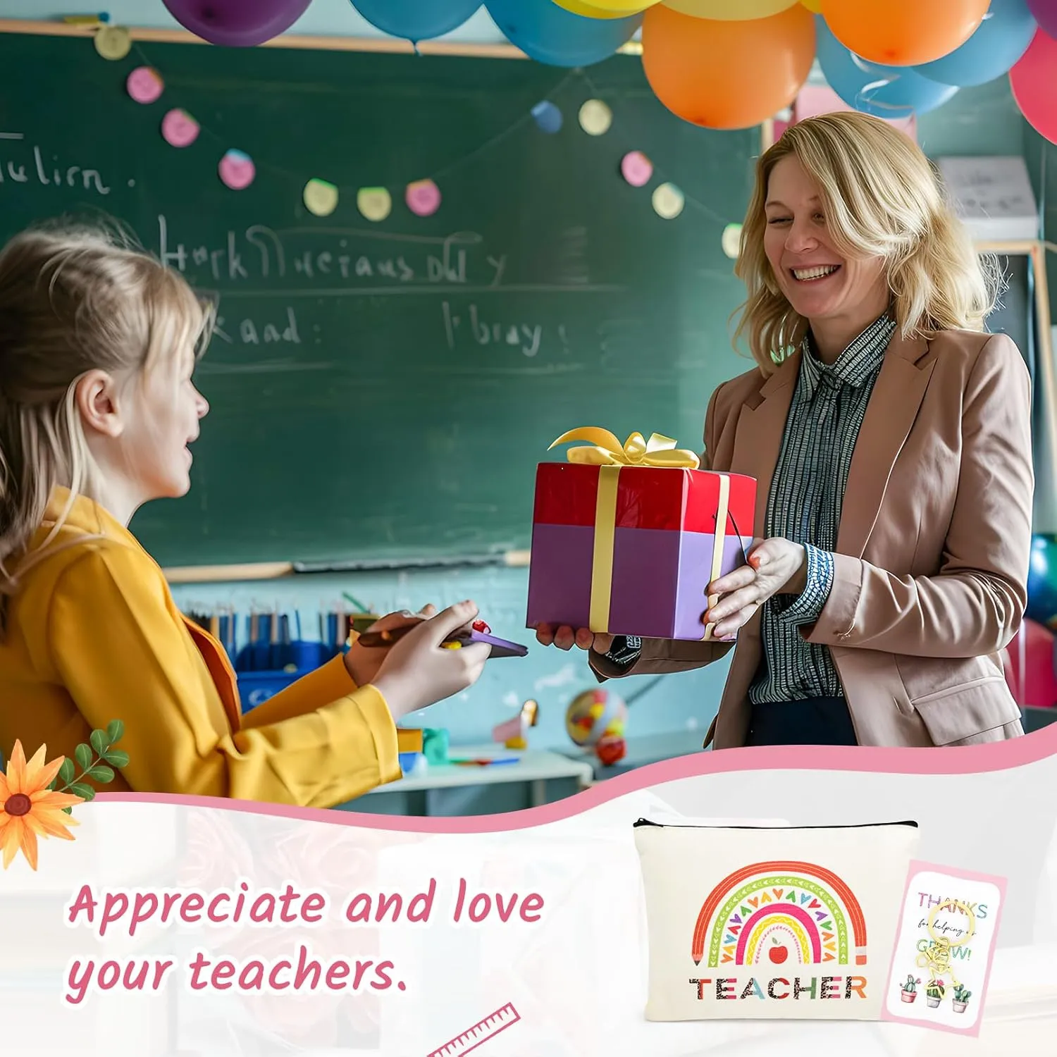8PCS Teacher Appreciation Gifts Bulk Teacher Gifts Makeup Bags Survival Kit Appreciation Week Keychain for women