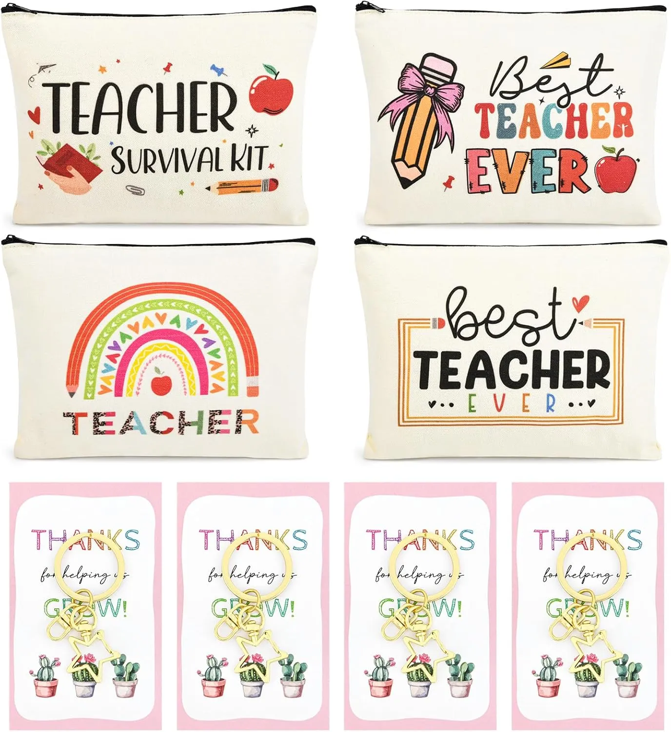 8PCS Teacher Appreciation Gifts Bulk Teacher Gifts Makeup Bags Survival Kit Appreciation Week Keychain for women