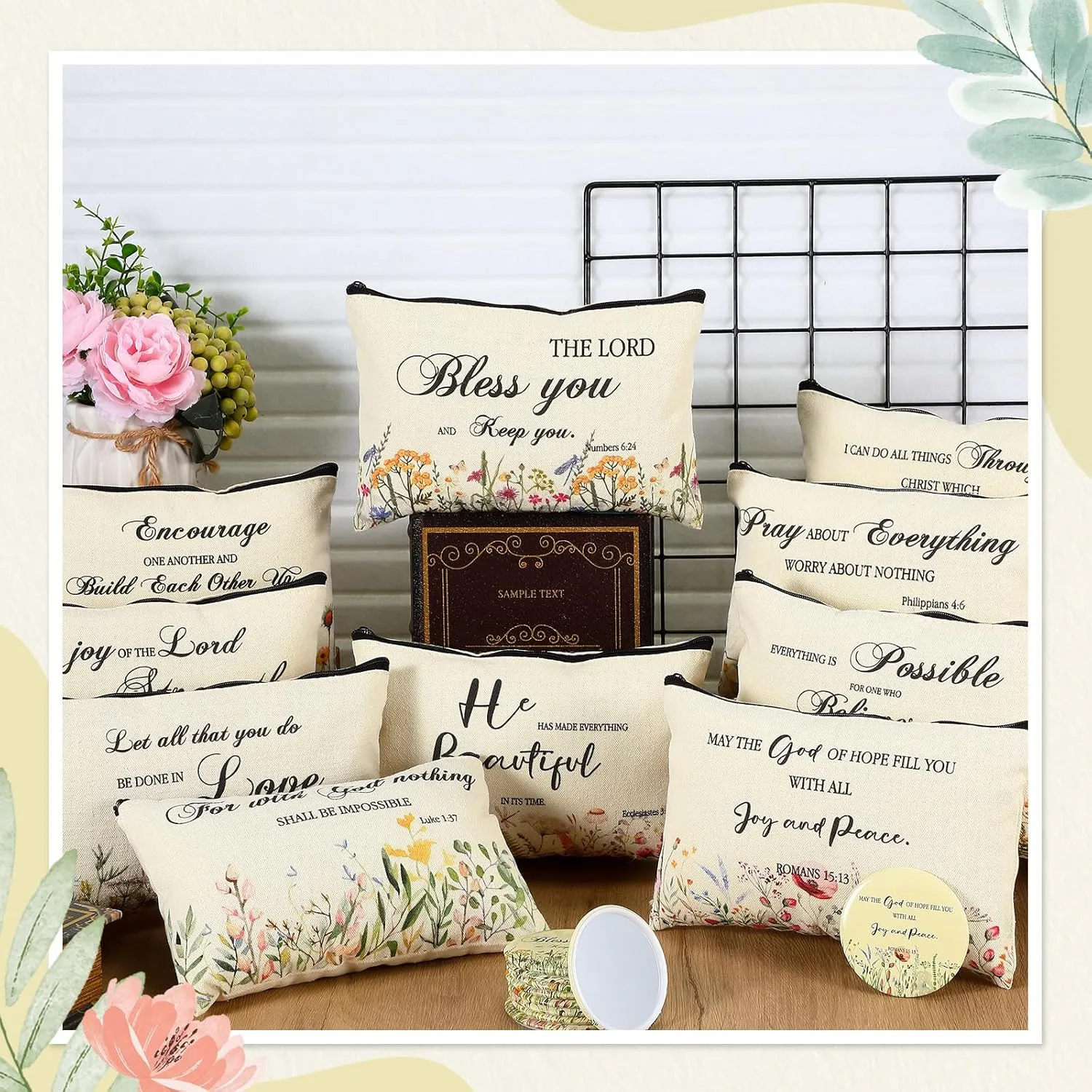 Abbylike 40 Pcs Christian Gift for Women Include 20 Bible Verse Makeup Bags 20 Christian Compact Mirrors Inspirational Religious Scripture Gift for Mom Sister Birthday Graduation (Elegant Style)