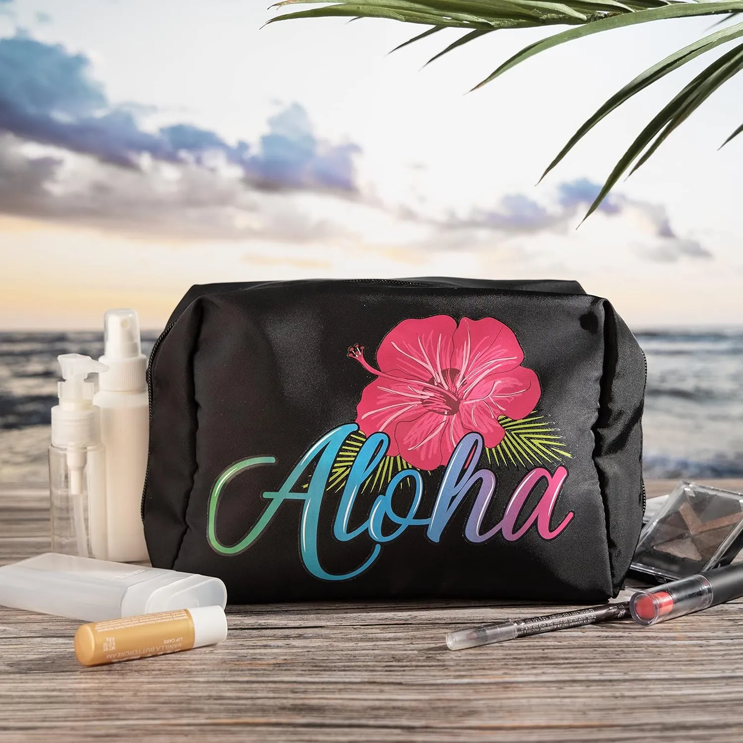 Aloha Designs ALOHA Cosmetic Bag for Women Roomy Makeup Bag Travel Splash-proof Toiletry Bag Accessories Organizer and Bikini Pouch. Aloha Water-resistant Beach Bag Pouch. Plus 1 Aloha Decal (Black)
