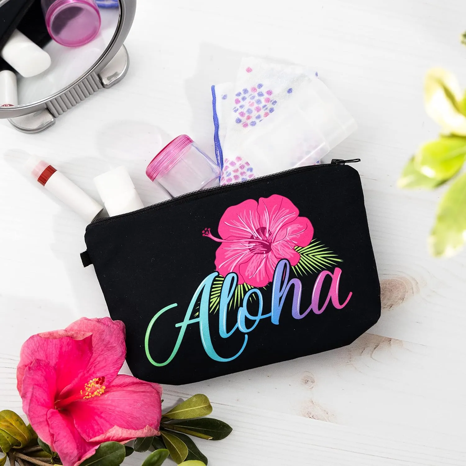 Aloha Designs ALOHA Cosmetic Bag for Women Roomy Makeup Bag Travel Splash-proof Toiletry Bag Accessories Organizer and Womans Pouch. Aloha Water-resistant Beach Bag Pouch. Plus 1 Aloha Decal Sticker