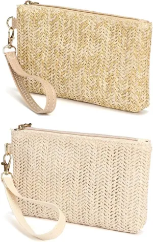 Andy's Orchids 2 Pcs Straw Clutch Purse, Straw Handbag, Summer Beach Straw Bag, Bohemian Wristlet Bag Weaving Bag for Women