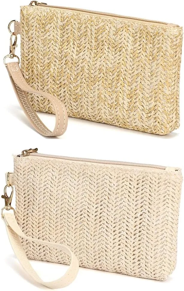 Andy's Orchids 2 Pcs Straw Clutch Purse, Straw Handbag, Summer Beach Straw Bag, Bohemian Wristlet Bag Weaving Bag for Women