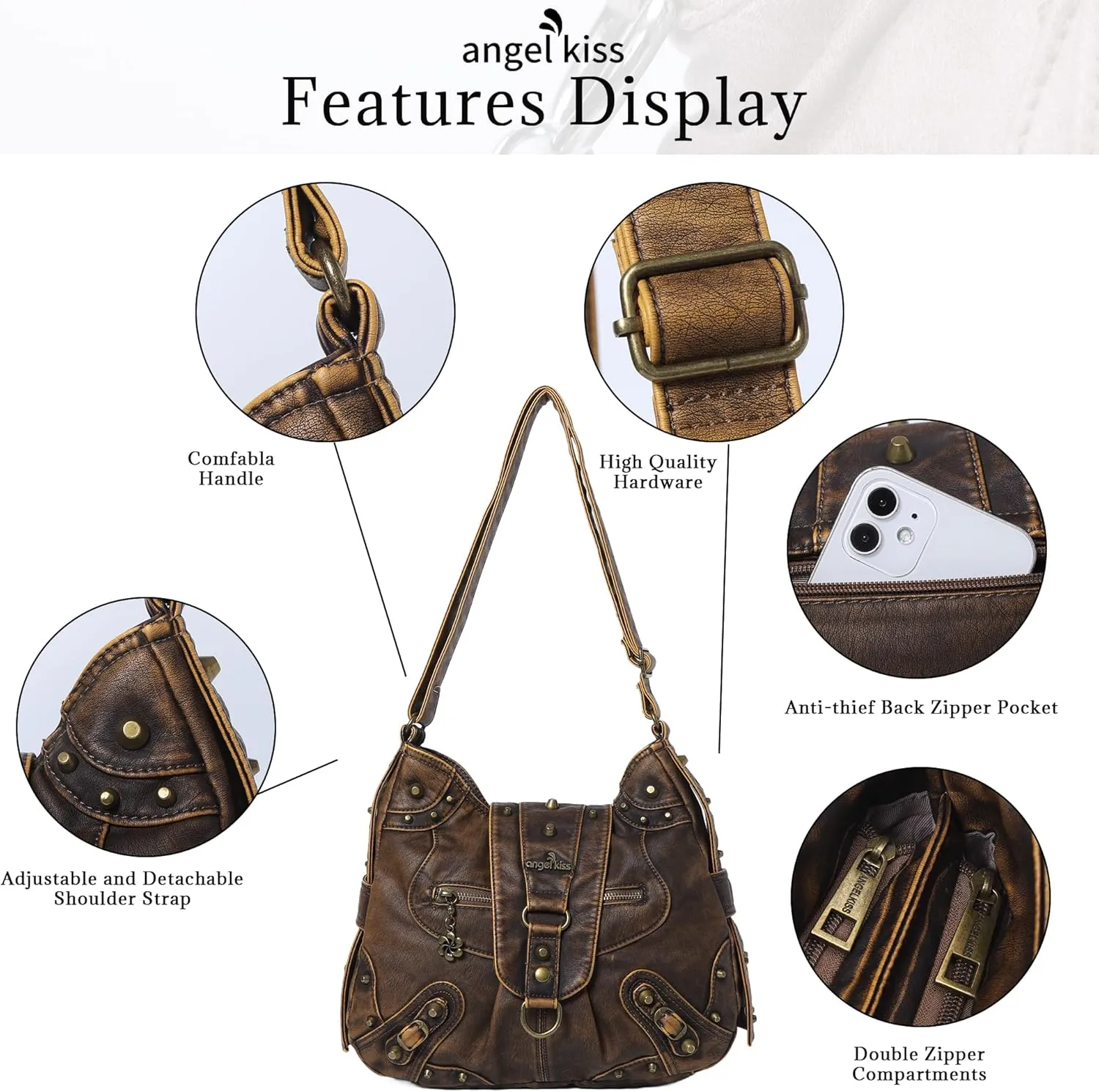 Angel Kiss Hobo Bag for Women Studded Vegan Leather Shoulder Purses and Handbags Retro Roomy Daily Crossbody Bags Medium Size