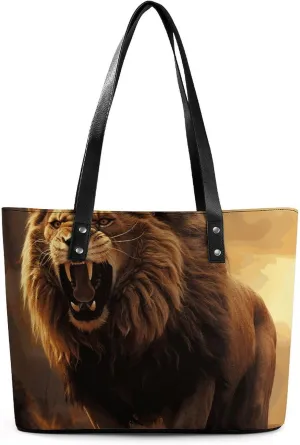 Angry Roaring Lion Leather Lady's Handbag Crossbody Purse for Women Ladies Soft Shoulder Bag Medium Roomy Handbag Fashion Tote Top Handle Satchel