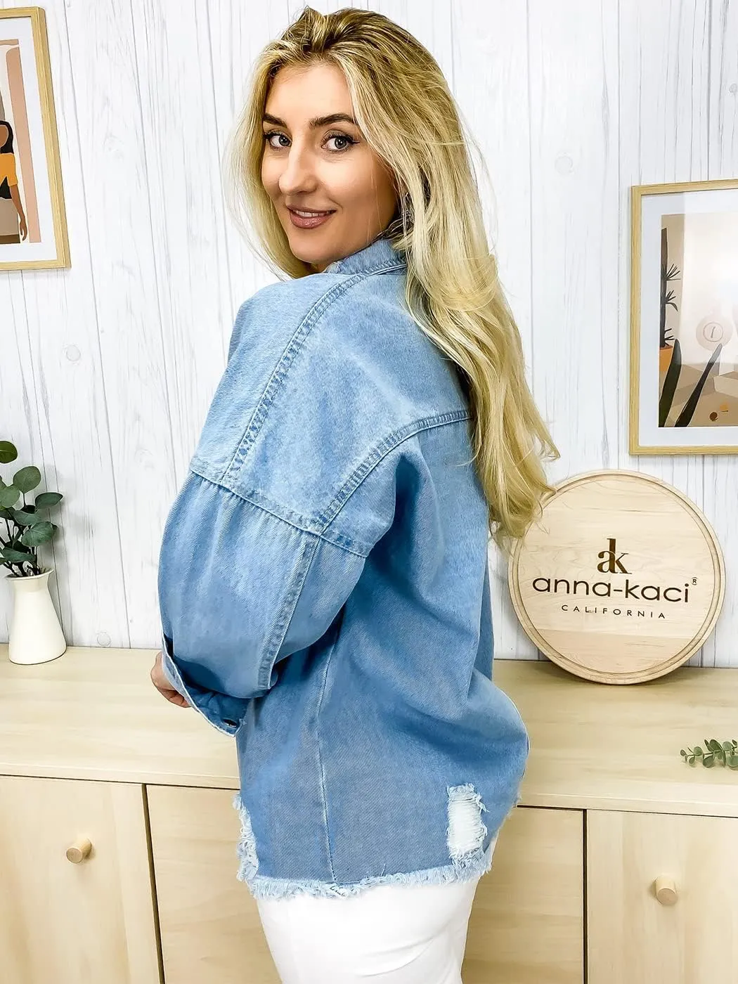 Anna-Kaci Women's Classic Distressed Denim Jacket Long Sleeve Ripped Boyfriend Jean Jackets