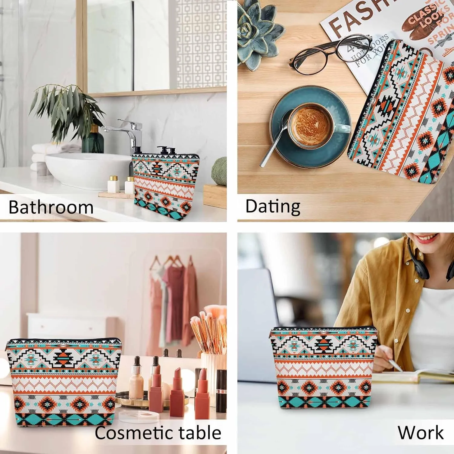 Aztec Cosmetic Bags For Women, Navajo Style Tribal Aztec Geometric Roomy Makeup Bag Toiletry Bag Accessories Organizer Storage Bags Makeup Pouch For Travel Business Gym Camping Bathroom