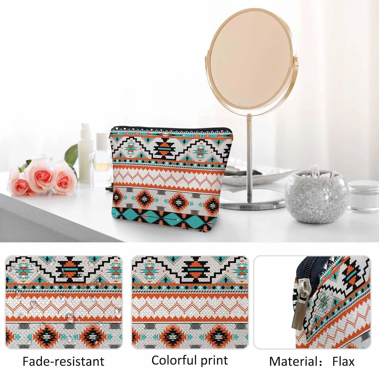 Aztec Cosmetic Bags For Women, Navajo Style Tribal Aztec Geometric Roomy Makeup Bag Toiletry Bag Accessories Organizer Storage Bags Makeup Pouch For Travel Business Gym Camping Bathroom