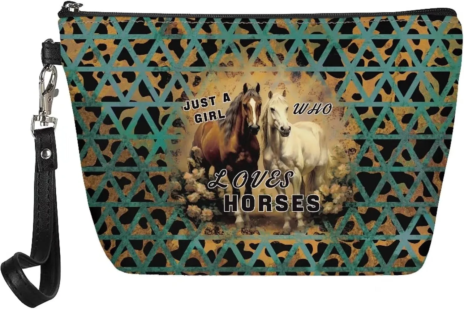 Aztec Horse Cosmetic Bag for Women Leopard Print, Roomy Leather Makeup Bag with Zipper, Outdoor Travel Accessories Waterproof Toiletry Bag Purse, Green