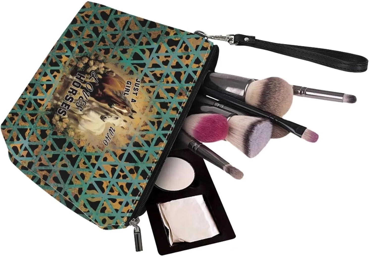 Aztec Horse Cosmetic Bag for Women Leopard Print, Roomy Leather Makeup Bag with Zipper, Outdoor Travel Accessories Waterproof Toiletry Bag Purse, Green