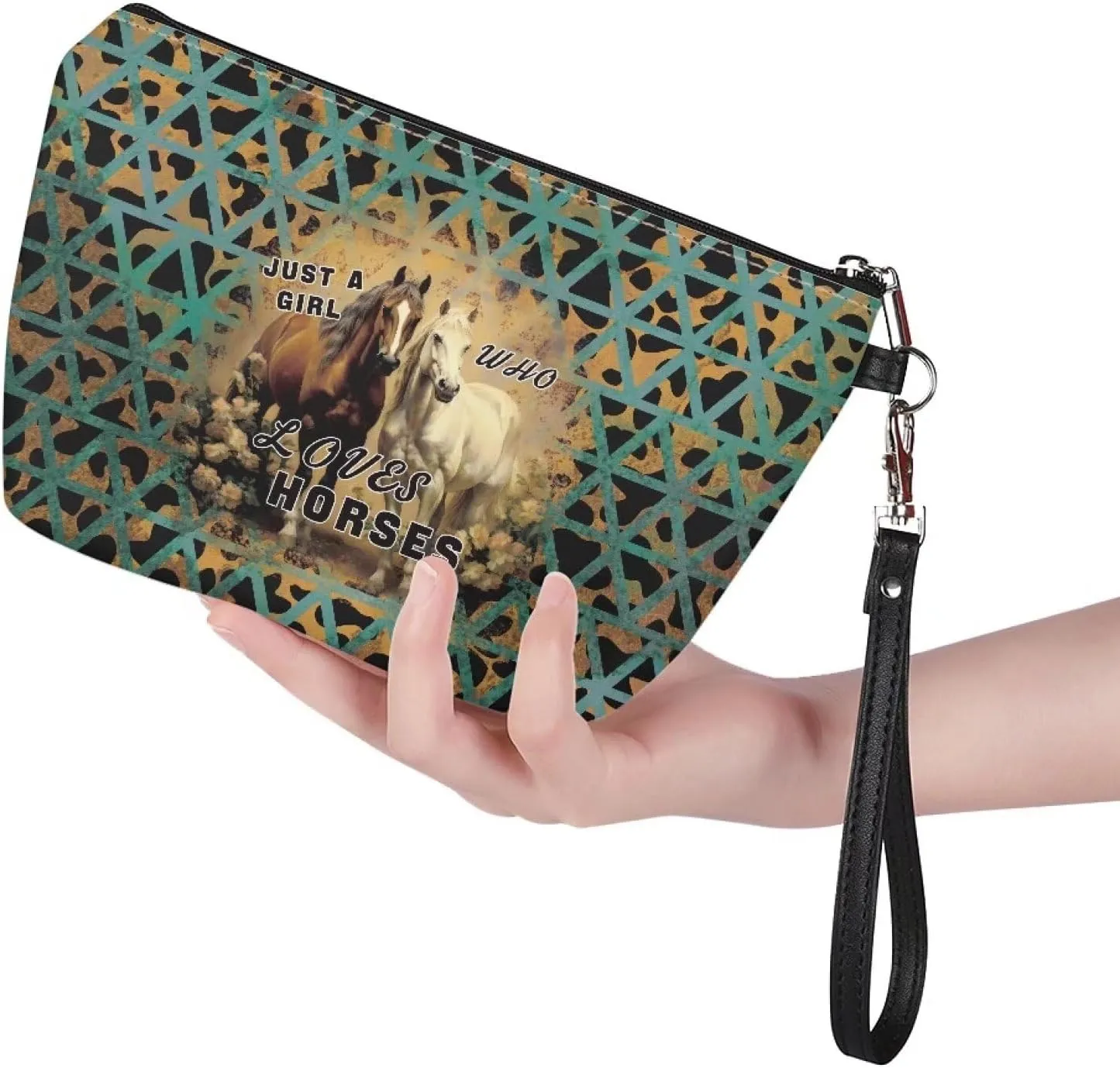 Aztec Horse Cosmetic Bag for Women Leopard Print, Roomy Leather Makeup Bag with Zipper, Outdoor Travel Accessories Waterproof Toiletry Bag Purse, Green