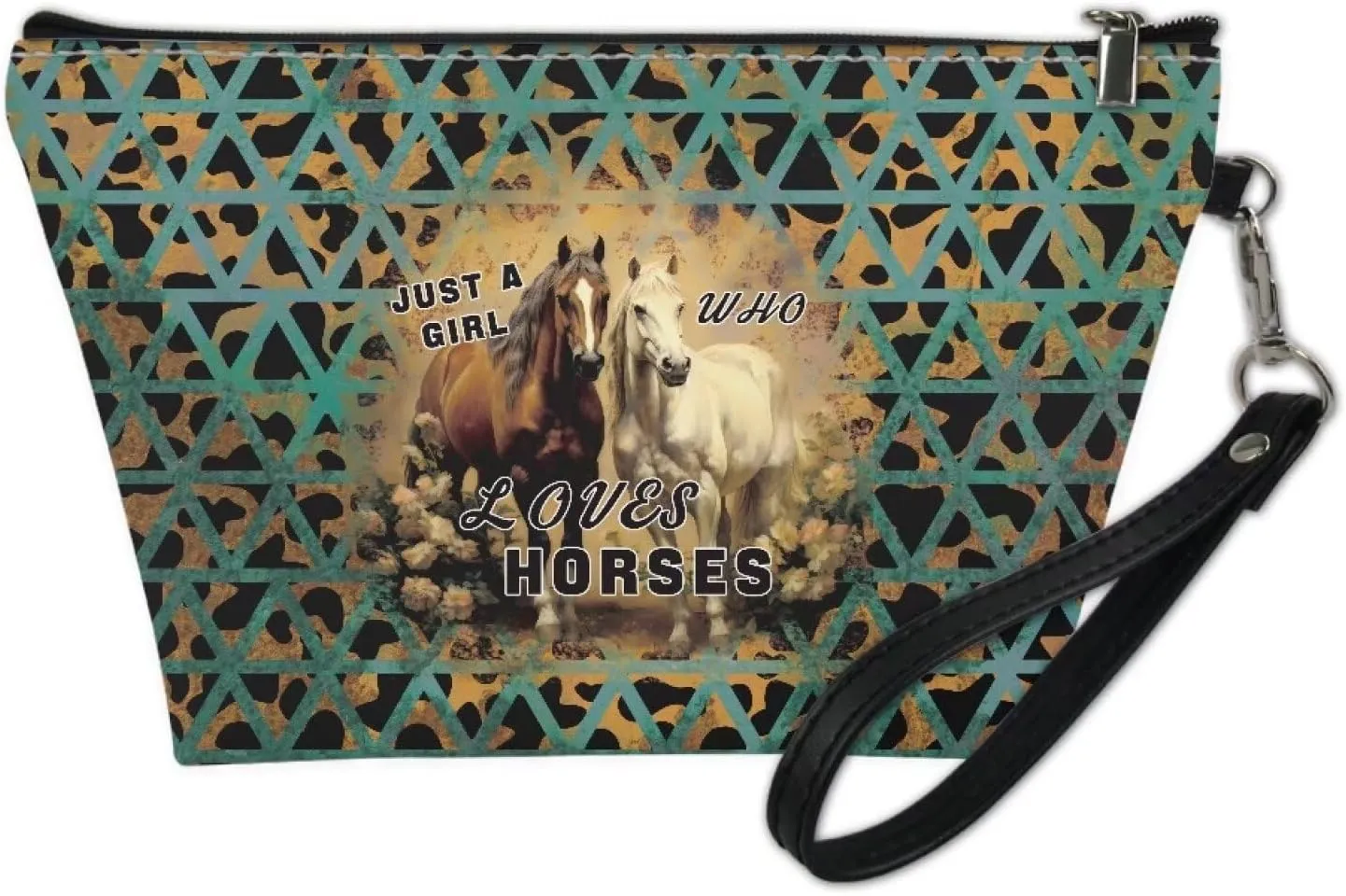 Aztec Horse Cosmetic Bag for Women Leopard Print, Roomy Leather Makeup Bag with Zipper, Outdoor Travel Accessories Waterproof Toiletry Bag Purse, Green
