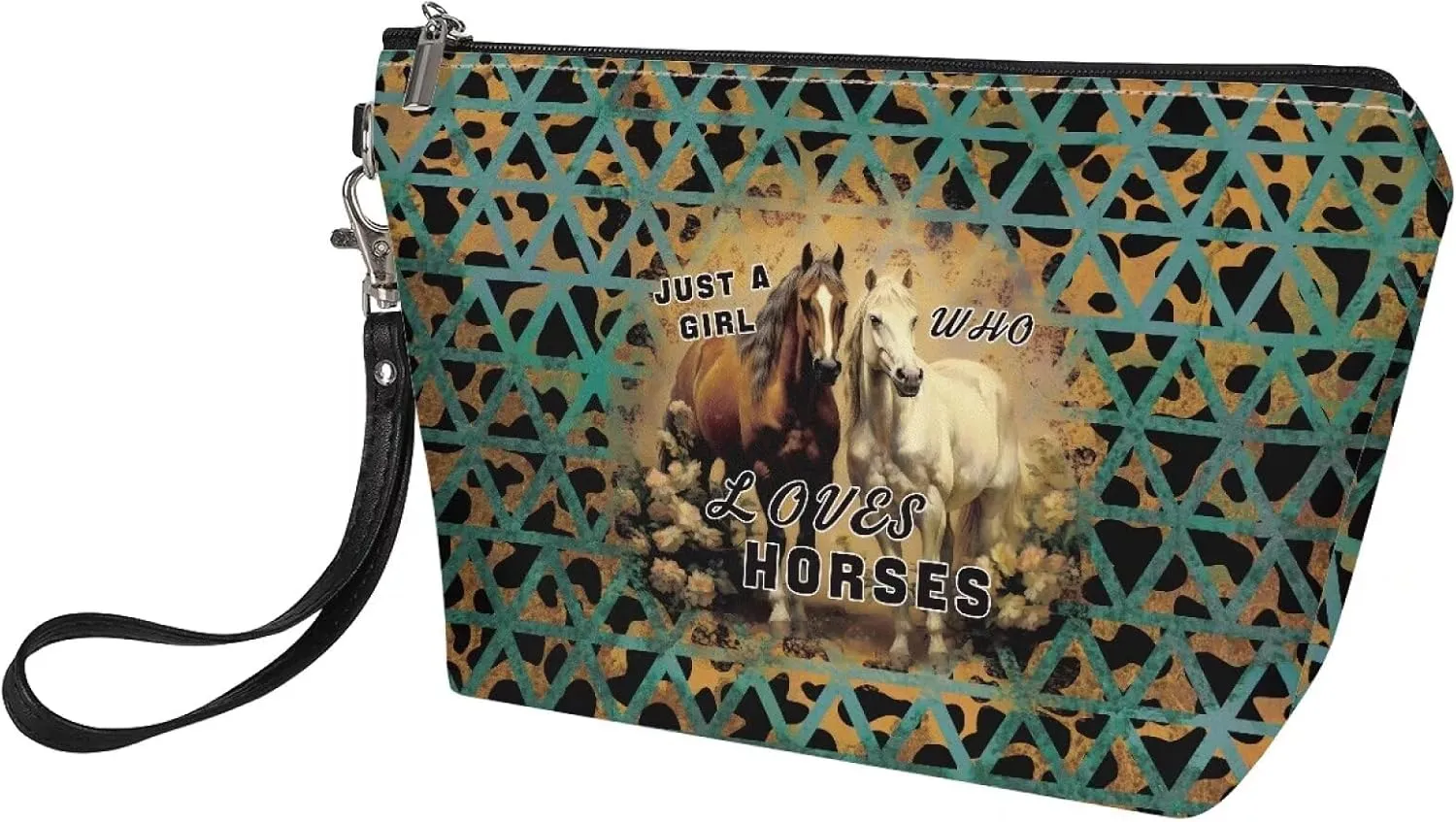 Aztec Horse Cosmetic Bag for Women Leopard Print, Roomy Leather Makeup Bag with Zipper, Outdoor Travel Accessories Waterproof Toiletry Bag Purse, Green
