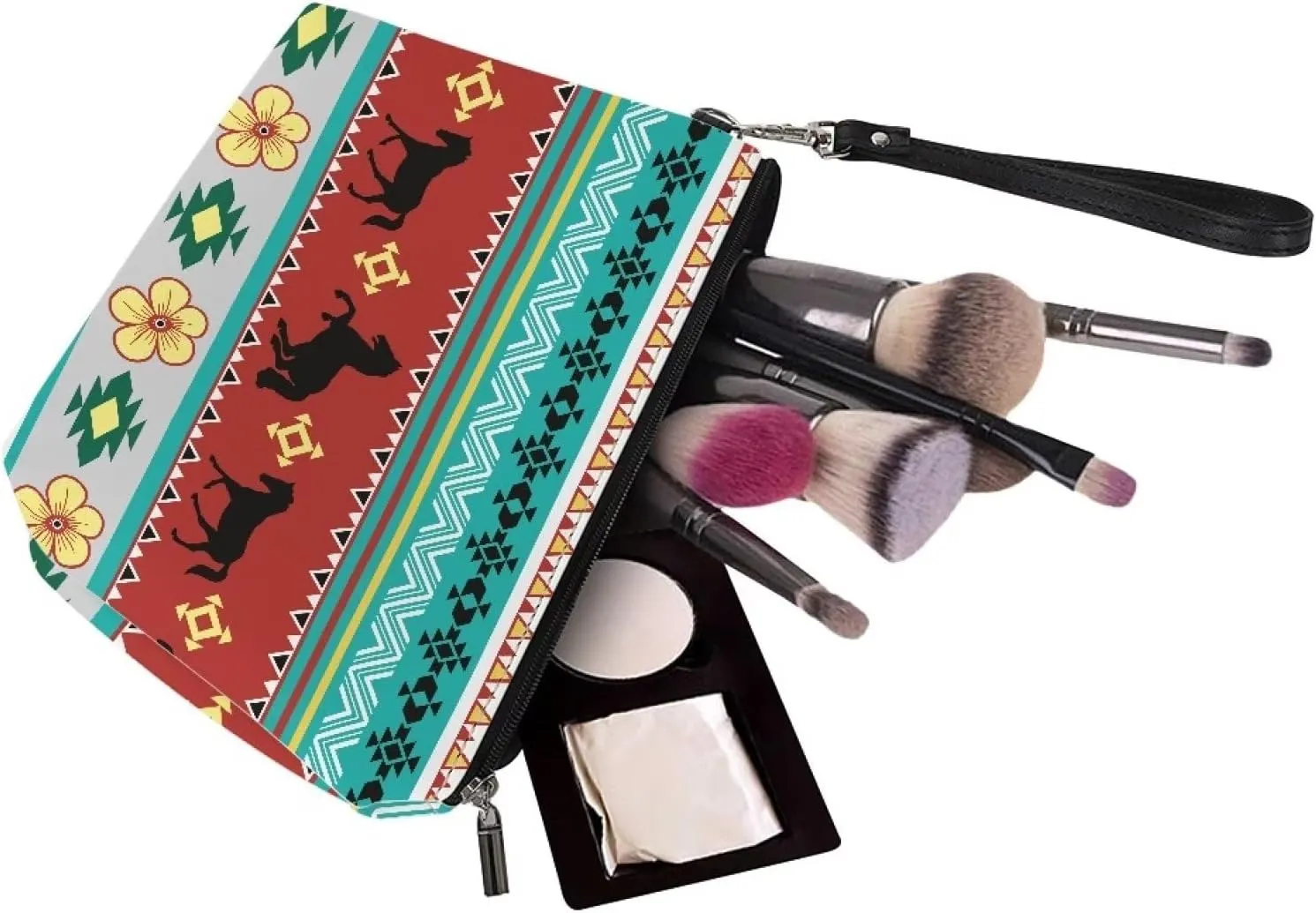 Aztec Horse Makeup Bag Cosmetic Bag for Women and Girl, Roomy Leather Makeup Bags Travel Toiletry Bag Accessories Organizer with Zipper