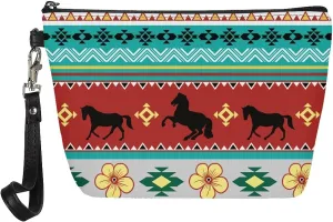 Aztec Horse Makeup Bag Cosmetic Bag for Women and Girl, Roomy Leather Makeup Bags Travel Toiletry Bag Accessories Organizer with Zipper
