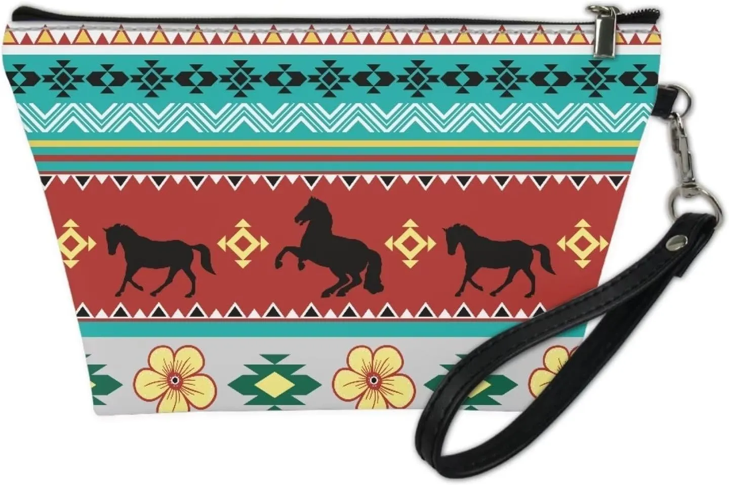 Aztec Horse Makeup Bag Cosmetic Bag for Women and Girl, Roomy Leather Makeup Bags Travel Toiletry Bag Accessories Organizer with Zipper
