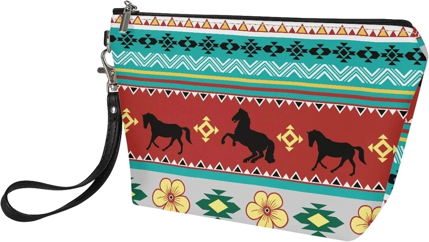 Aztec Horse Makeup Bag Cosmetic Bag for Women and Girl, Roomy Leather Makeup Bags Travel Toiletry Bag Accessories Organizer with Zipper