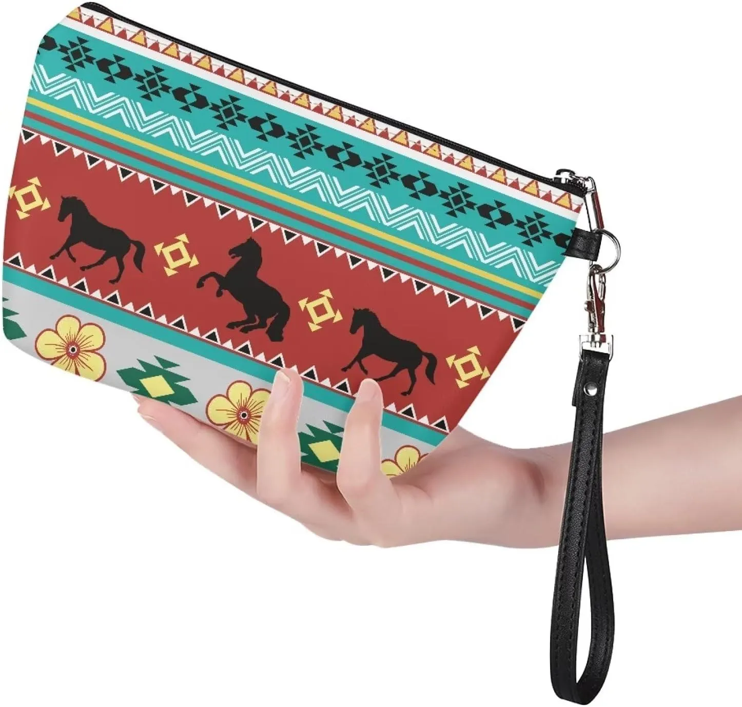 Aztec Horse Makeup Bag Cosmetic Bag for Women and Girl, Roomy Leather Makeup Bags Travel Toiletry Bag Accessories Organizer with Zipper