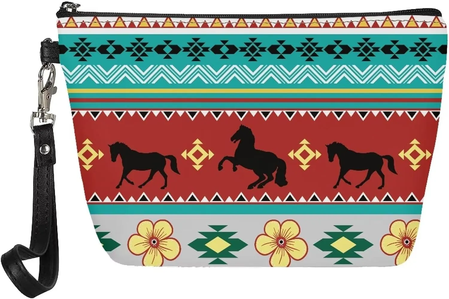Aztec Horse Makeup Bag Cosmetic Bag for Women and Girl, Roomy Leather Makeup Bags Travel Toiletry Bag Accessories Organizer with Zipper