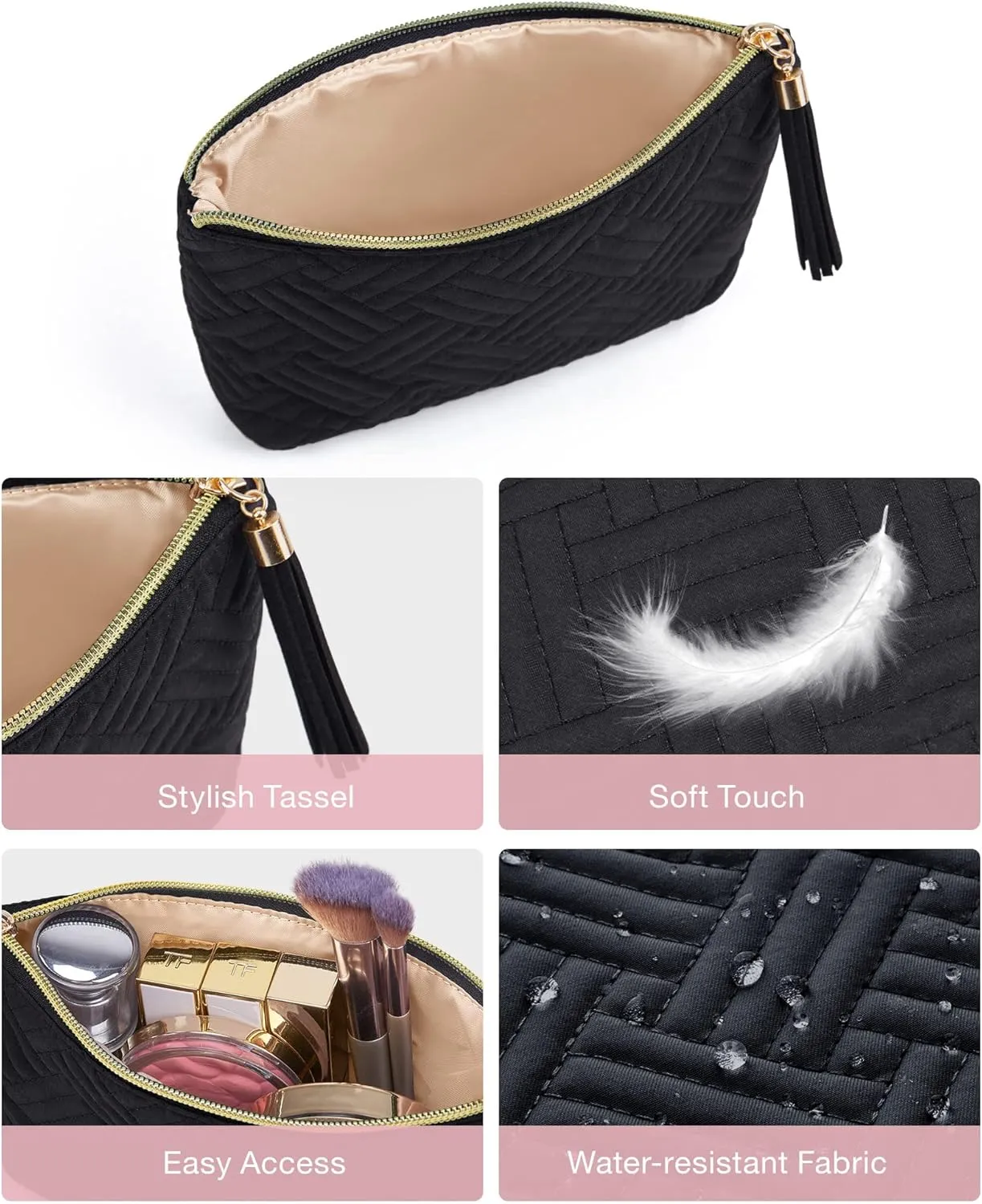 BAGSMART Small Cosmetic Bag, Elegant Roomy Makeup Bags,Great Gifts for Women,Travel Waterproof Toiletry Bag Accessories Organizer Gifts(Black-1pcs)