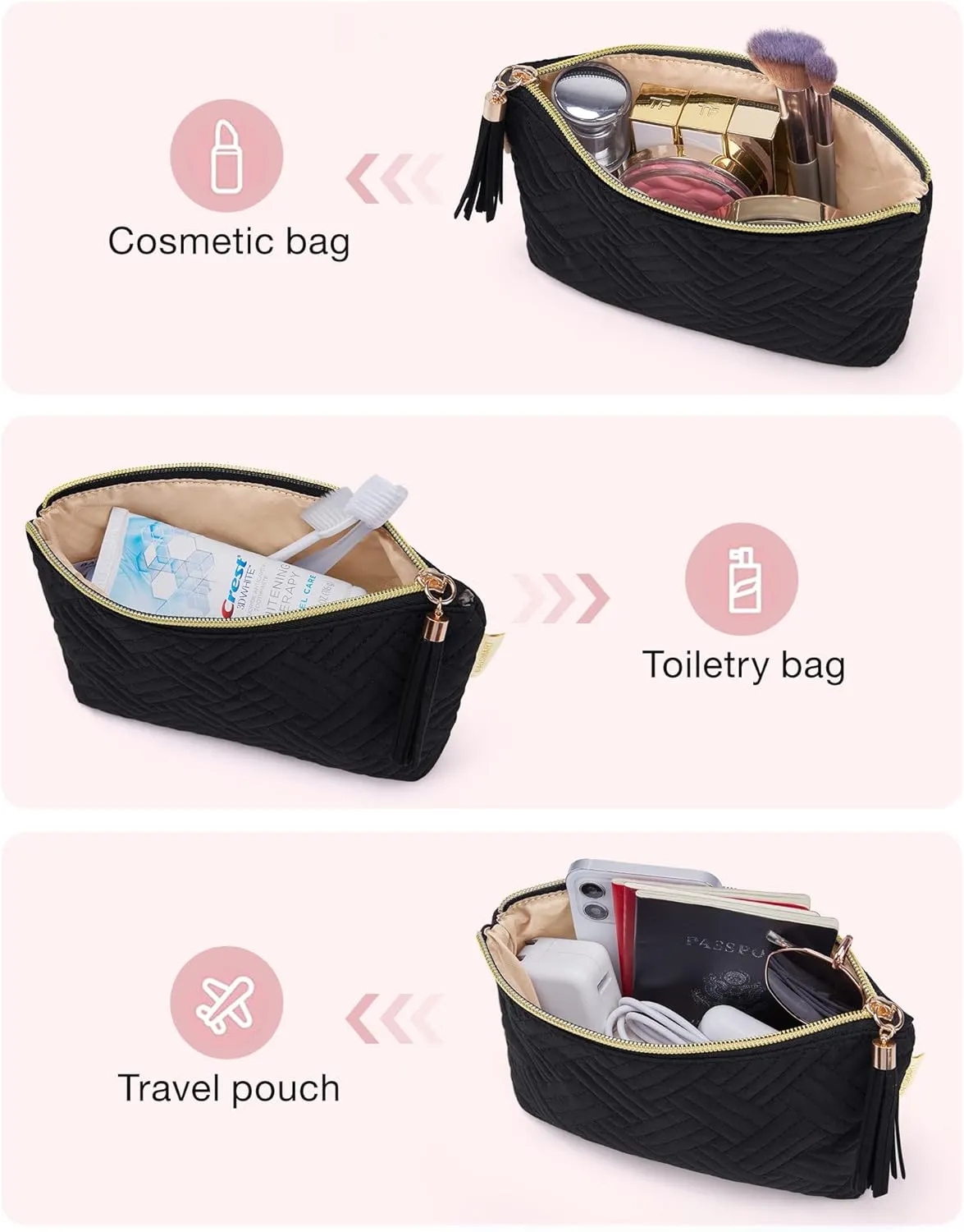 BAGSMART Small Cosmetic Bag, Elegant Roomy Makeup Bags,Great Gifts for Women,Travel Waterproof Toiletry Bag Accessories Organizer Gifts(Black-1pcs)