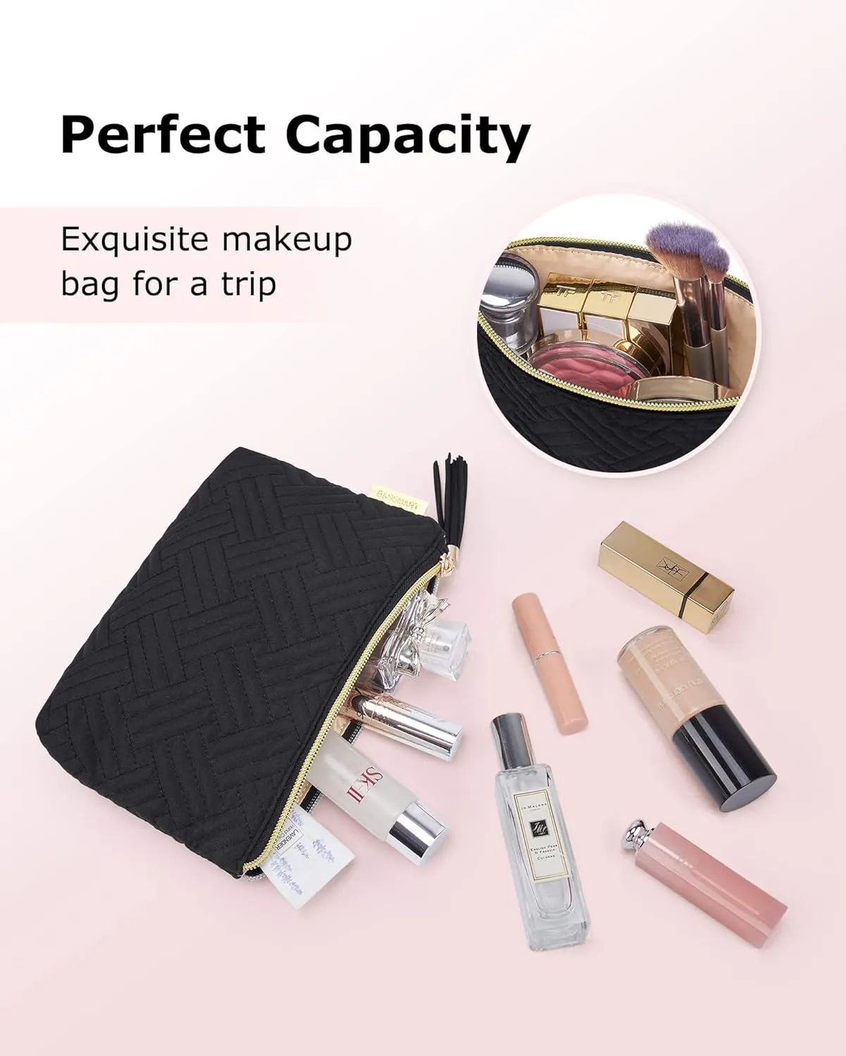 BAGSMART Small Cosmetic Bag, Elegant Roomy Makeup Bags,Great Gifts for Women,Travel Waterproof Toiletry Bag Accessories Organizer Gifts(Black-1pcs)