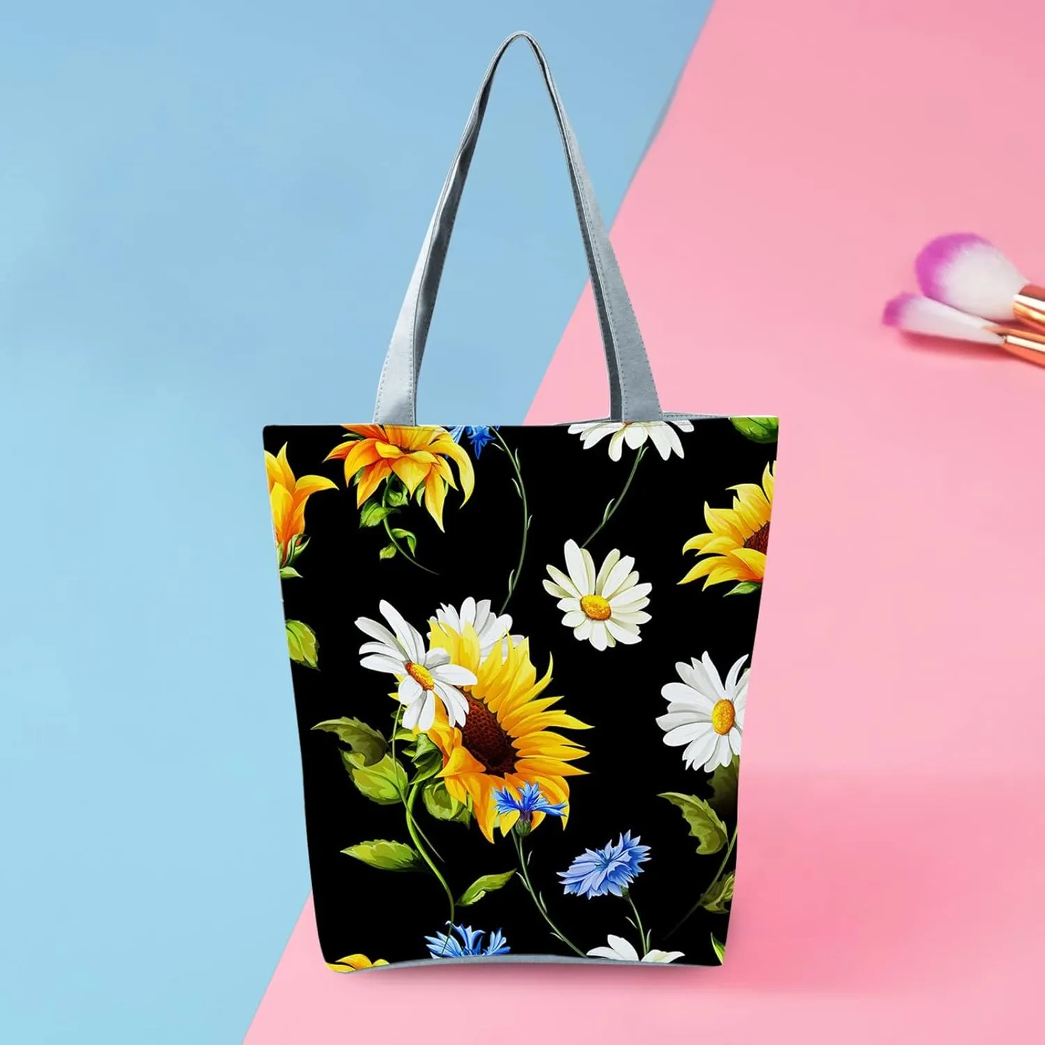 Beach Tote Bag Sunflower Printed Canvas Women's Casual Large Zippered Shoulder Bag For Outdoor Beach Travel Essential E