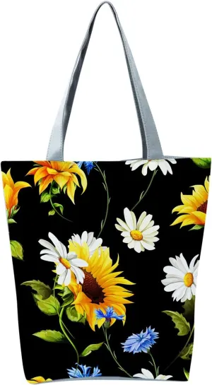 Beach Tote Bag Sunflower Printed Canvas Women's Casual Large Zippered Shoulder Bag For Outdoor Beach Travel Essential E