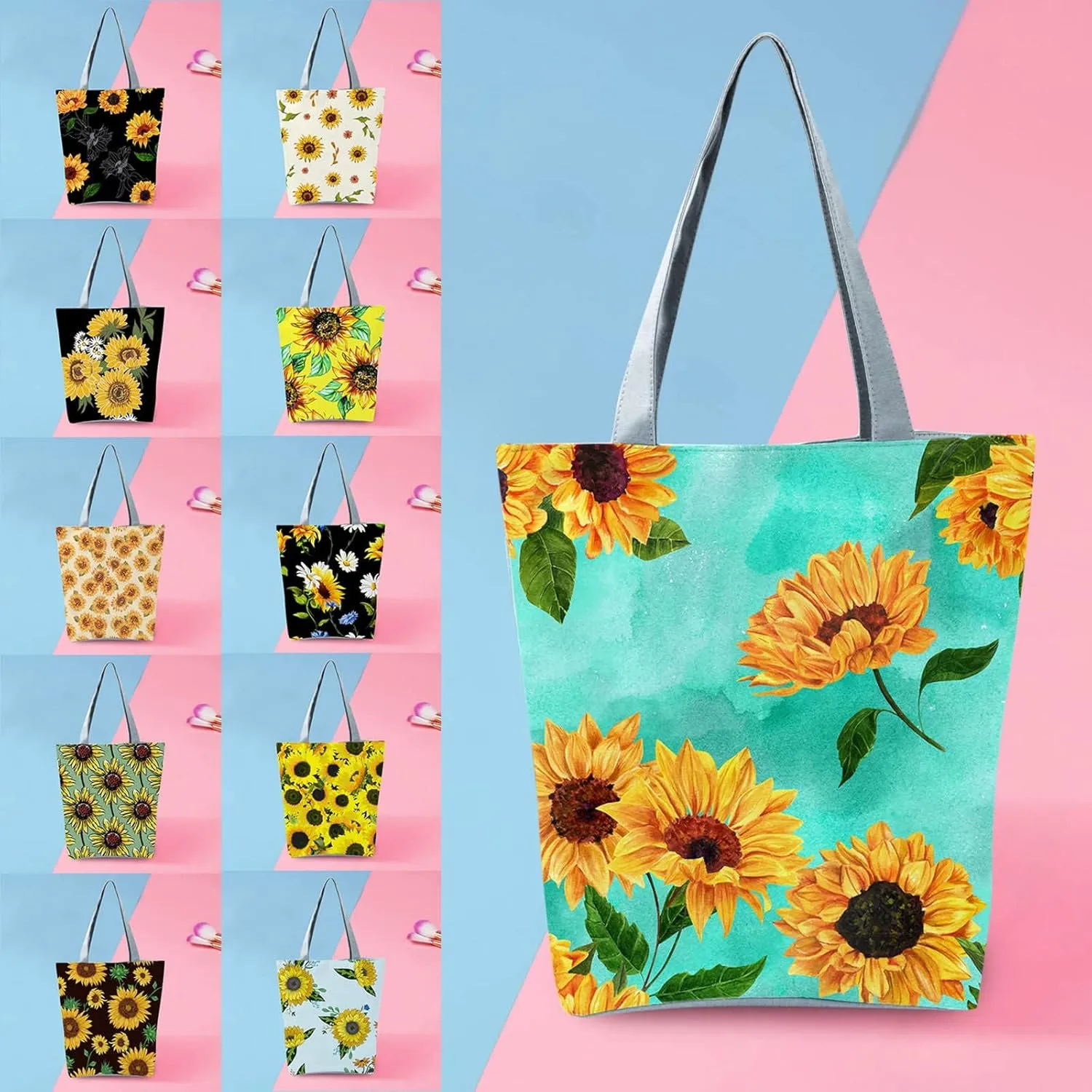 Beach Tote Bag Sunflower Printed Canvas Women's Casual Large Zippered Shoulder Bag For Outdoor Beach Travel Essential E