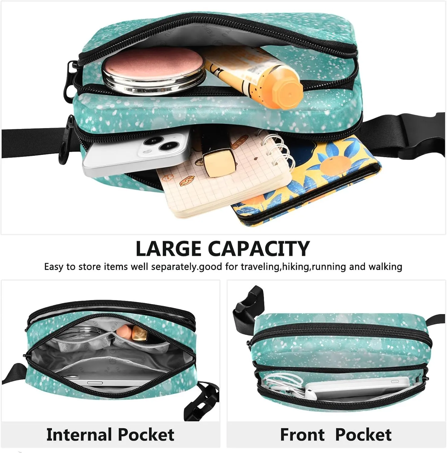 Belt Bags Teal Turquoise Glitter Sparkle Unisex Mini Belt Bag with Adjustable Strap Water Proof Belt Bag