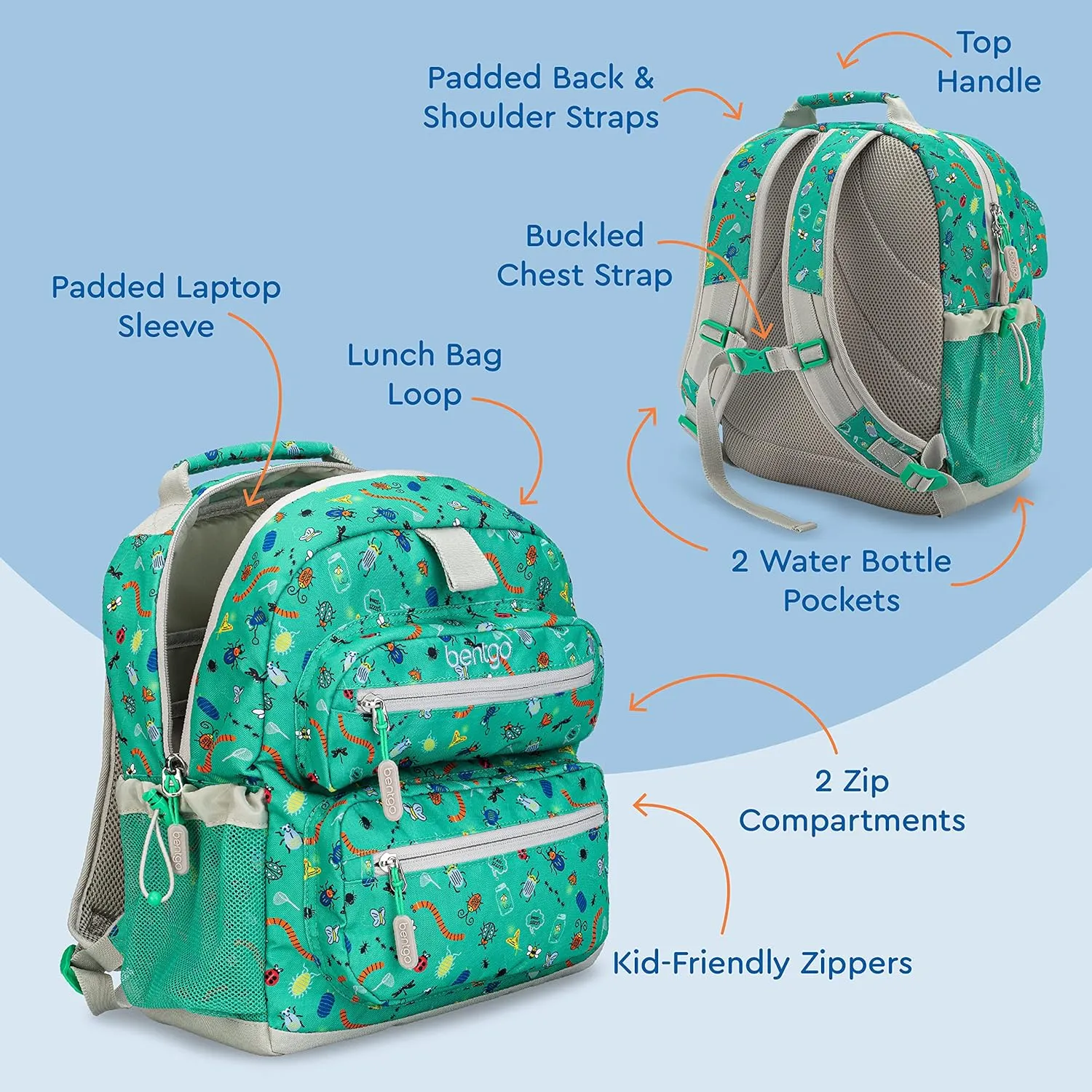 Bentgo Kids Backpack - Lightweight 14 Backpack in Fun Prints for School, Travel, & Daycare, Ideal for Ages 4 , Roomy Interior, Durable & Water-Resistant Fabric, & Loop for Lunch Bag (Bug Buddies)