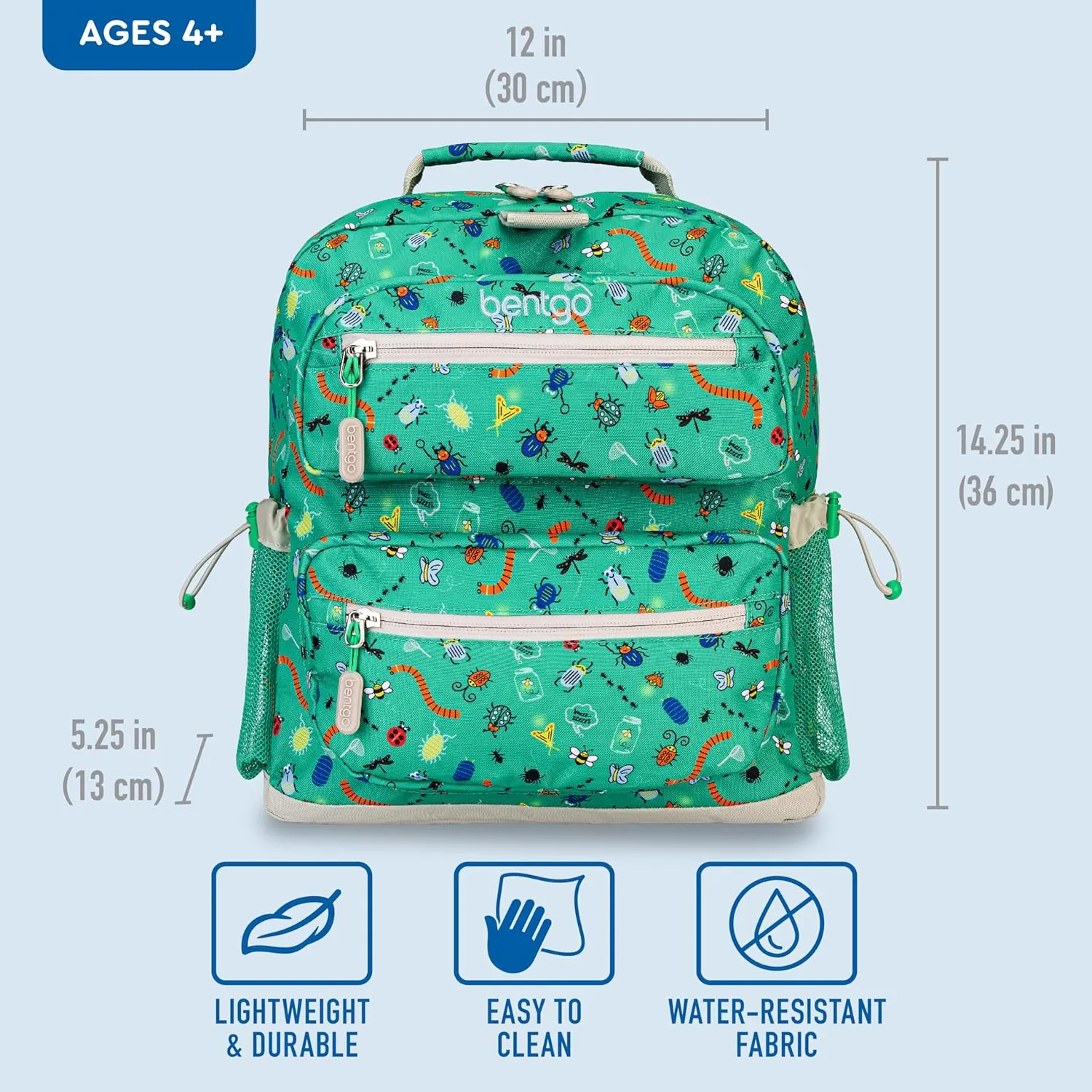 Bentgo Kids Backpack - Lightweight 14 Backpack in Fun Prints for School, Travel, & Daycare, Ideal for Ages 4 , Roomy Interior, Durable & Water-Resistant Fabric, & Loop for Lunch Bag (Bug Buddies)
