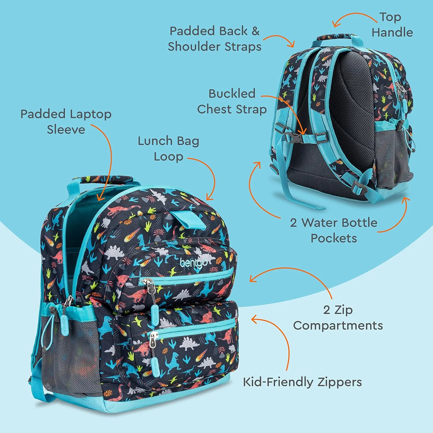 Bentgo Kids Backpack - Lightweight 14 Backpack in Fun Prints for School, Travel, & Daycare, Ideal for Ages 4 , Roomy Interior, Durable & Water-Resistant Fabric, & Loop for Lunch Bag (Dinosaur)