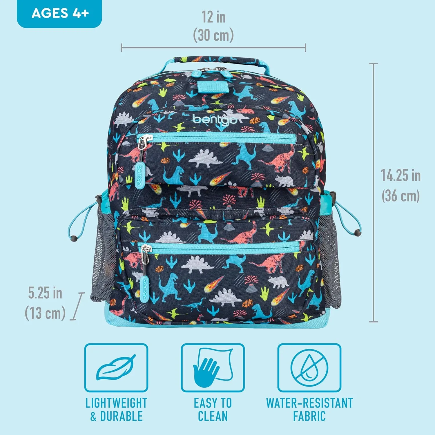 Bentgo Kids Backpack - Lightweight 14 Backpack in Fun Prints for School, Travel, & Daycare, Ideal for Ages 4 , Roomy Interior, Durable & Water-Resistant Fabric, & Loop for Lunch Bag (Dinosaur)