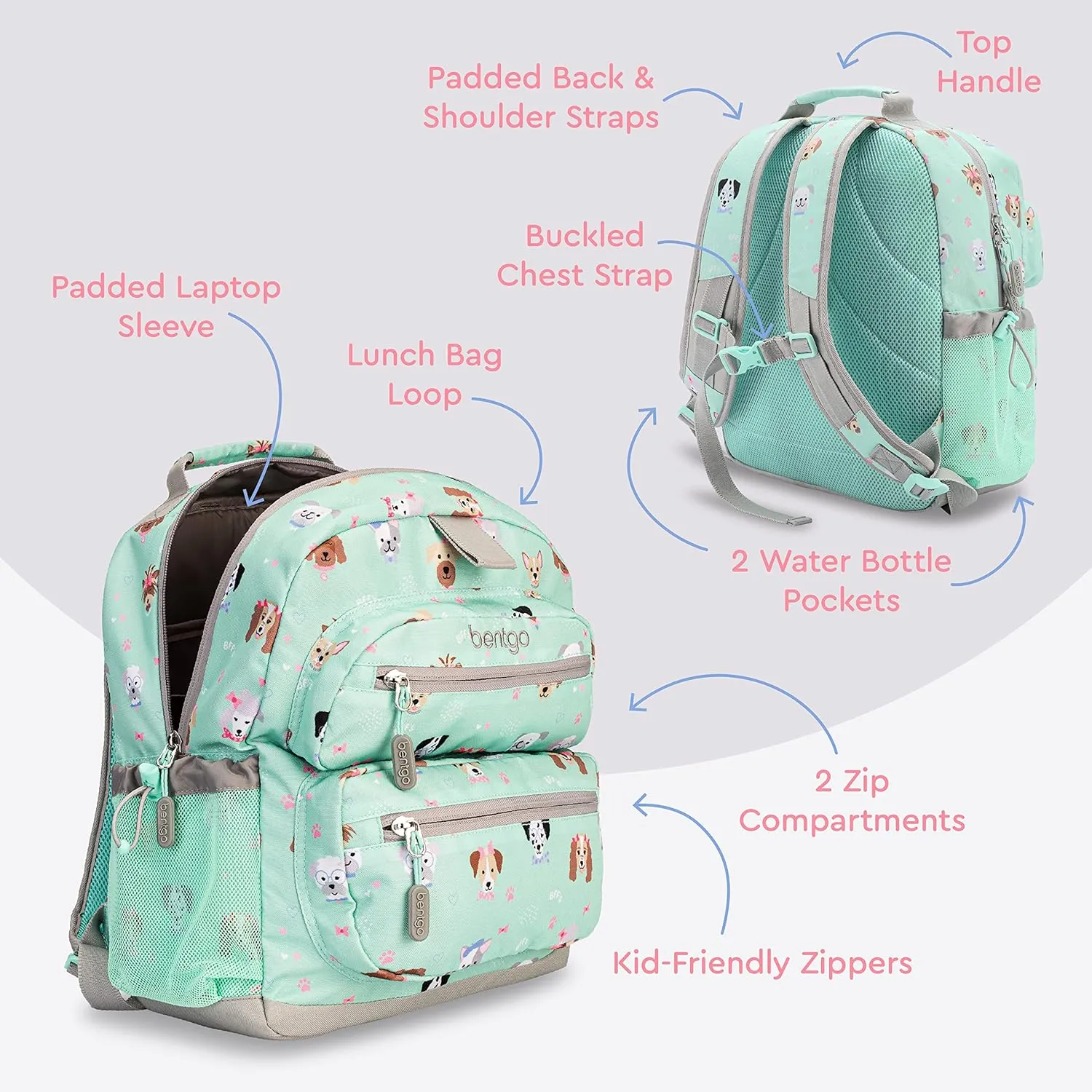 Bentgo Kids Backpack - Lightweight 14 Backpack in Fun Prints for School, Travel, & Daycare, Ideal for Ages 4 , Roomy Interior, Durable & Water-Resistant Fabric, & Loop for Lunch Bag (Puppy Love)