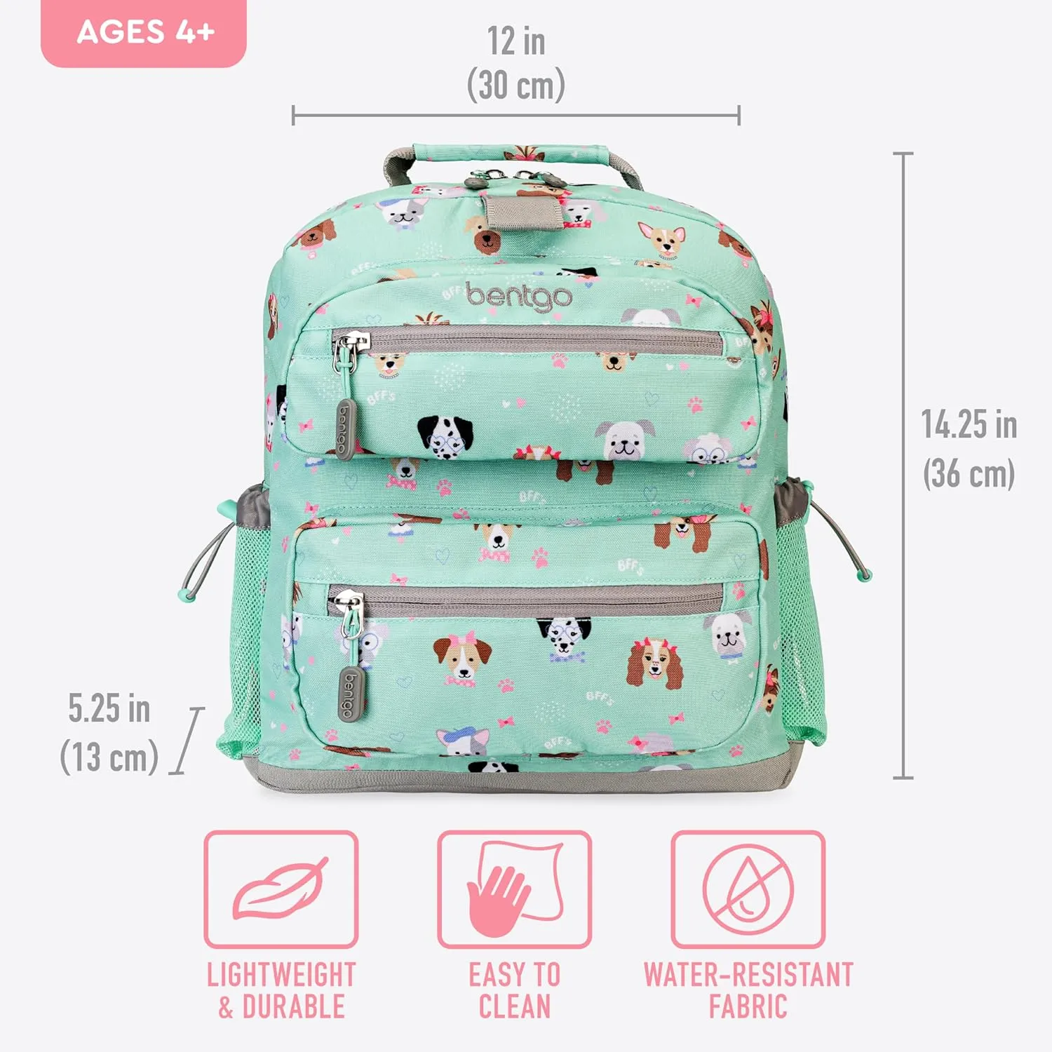 Bentgo Kids Backpack - Lightweight 14 Backpack in Fun Prints for School, Travel, & Daycare, Ideal for Ages 4 , Roomy Interior, Durable & Water-Resistant Fabric, & Loop for Lunch Bag (Puppy Love)
