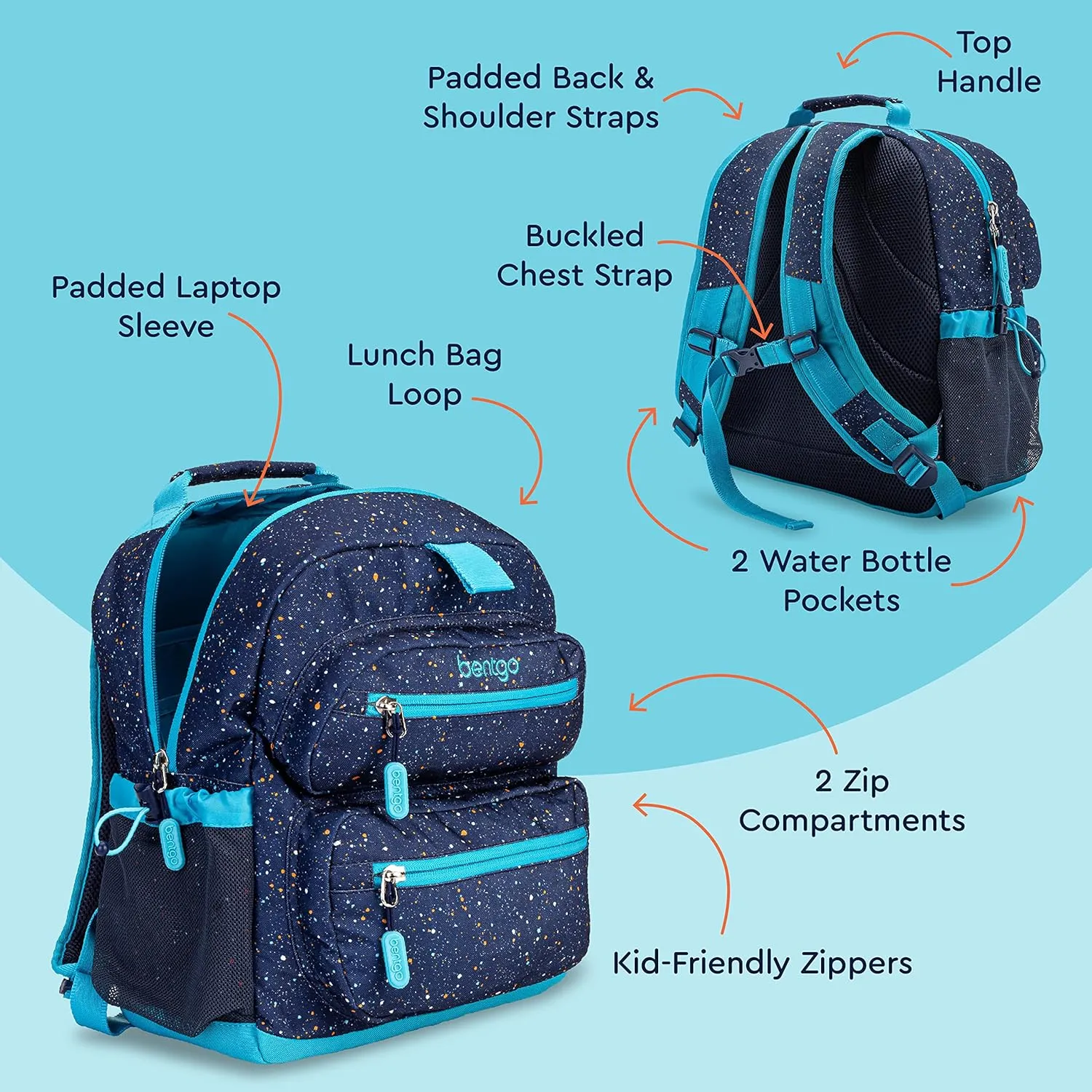 Bentgo Kids Confetti Backpack - Lightweight 14 Backpack for School, Travel & Daycare, Ideal for Ages 4 , Durable & Water-Resistant, Roomy Interior, & Loop for Lunch Bag (Confetti Edition-Abyss Blue)