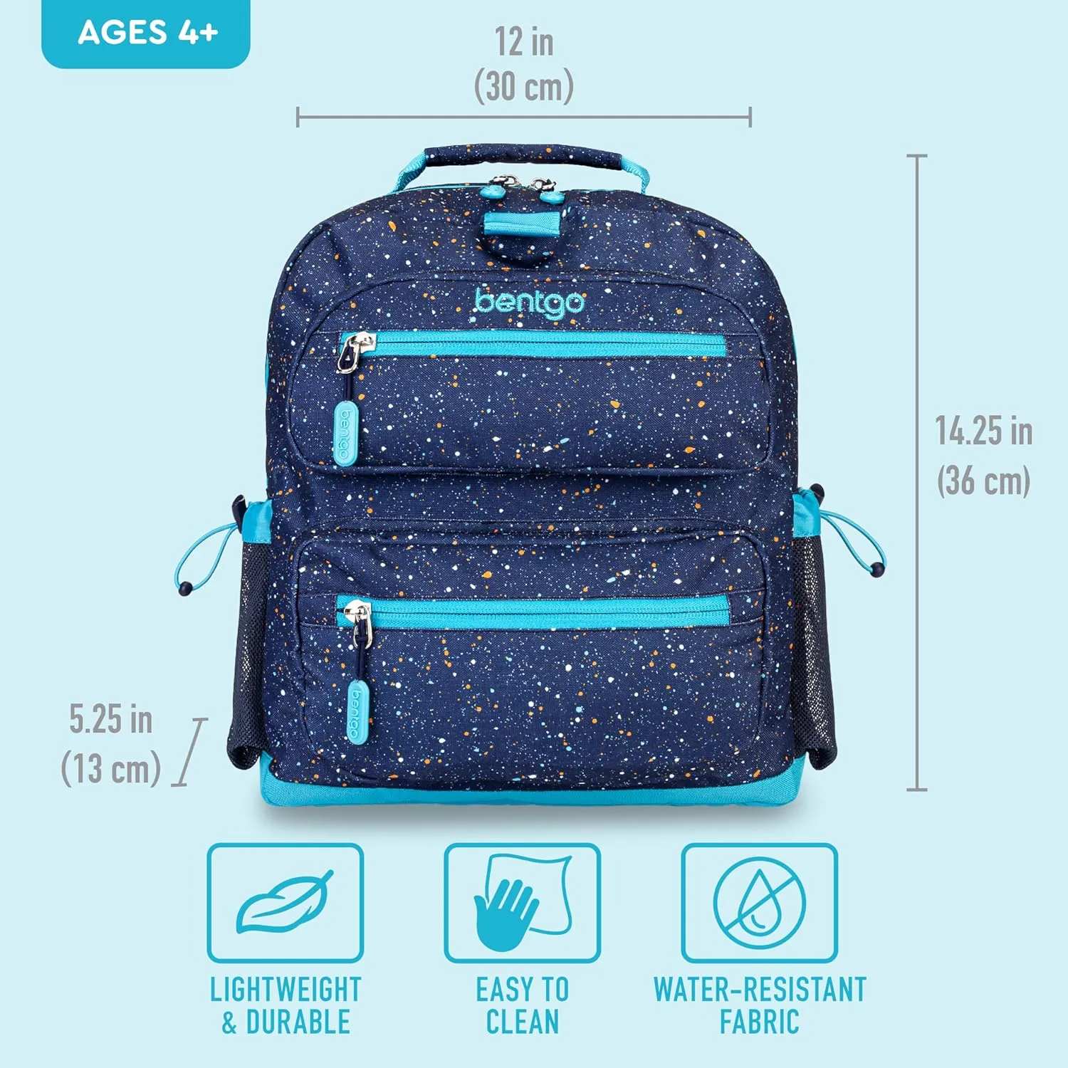Bentgo Kids Confetti Backpack - Lightweight 14 Backpack for School, Travel & Daycare, Ideal for Ages 4 , Durable & Water-Resistant, Roomy Interior, & Loop for Lunch Bag (Confetti Edition-Abyss Blue)