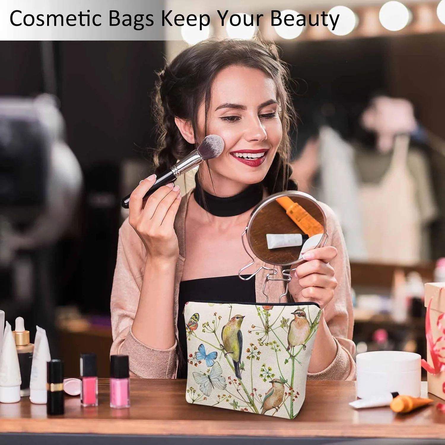 Birds Cosmetic Bags For Women, Nature Birds Butterfly Flowers Roomy Makeup Bag Toiletry Bag Accessories Organizer Storage Bags Makeup Pouch For Travel Business Gym Camping Bathroom