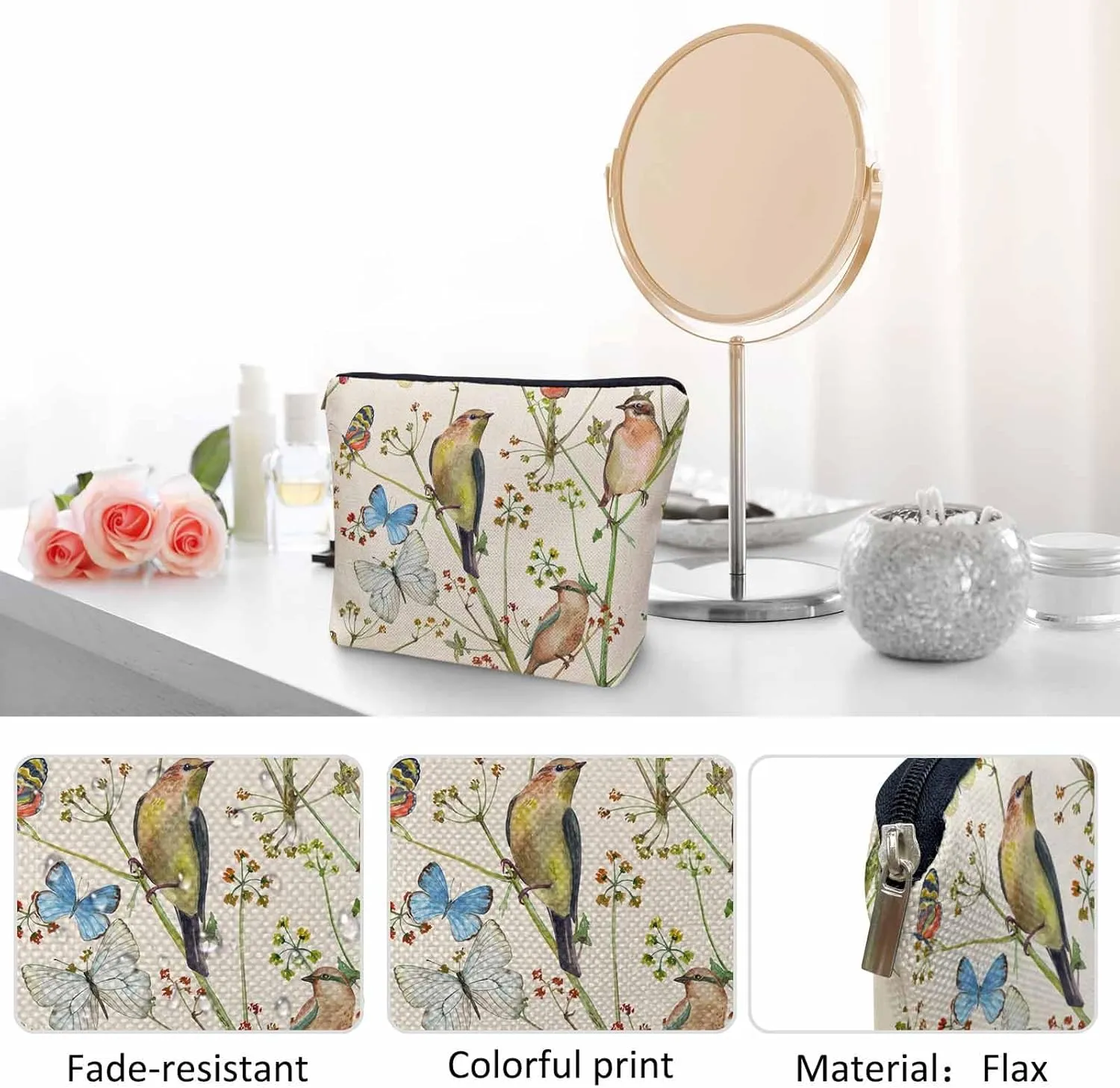 Birds Cosmetic Bags For Women, Nature Birds Butterfly Flowers Roomy Makeup Bag Toiletry Bag Accessories Organizer Storage Bags Makeup Pouch For Travel Business Gym Camping Bathroom