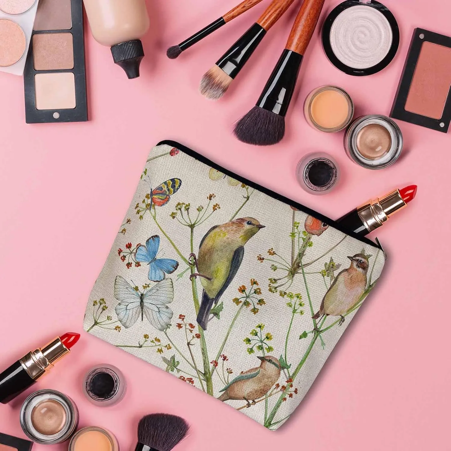 Birds Cosmetic Bags For Women, Nature Birds Butterfly Flowers Roomy Makeup Bag Toiletry Bag Accessories Organizer Storage Bags Makeup Pouch For Travel Business Gym Camping Bathroom