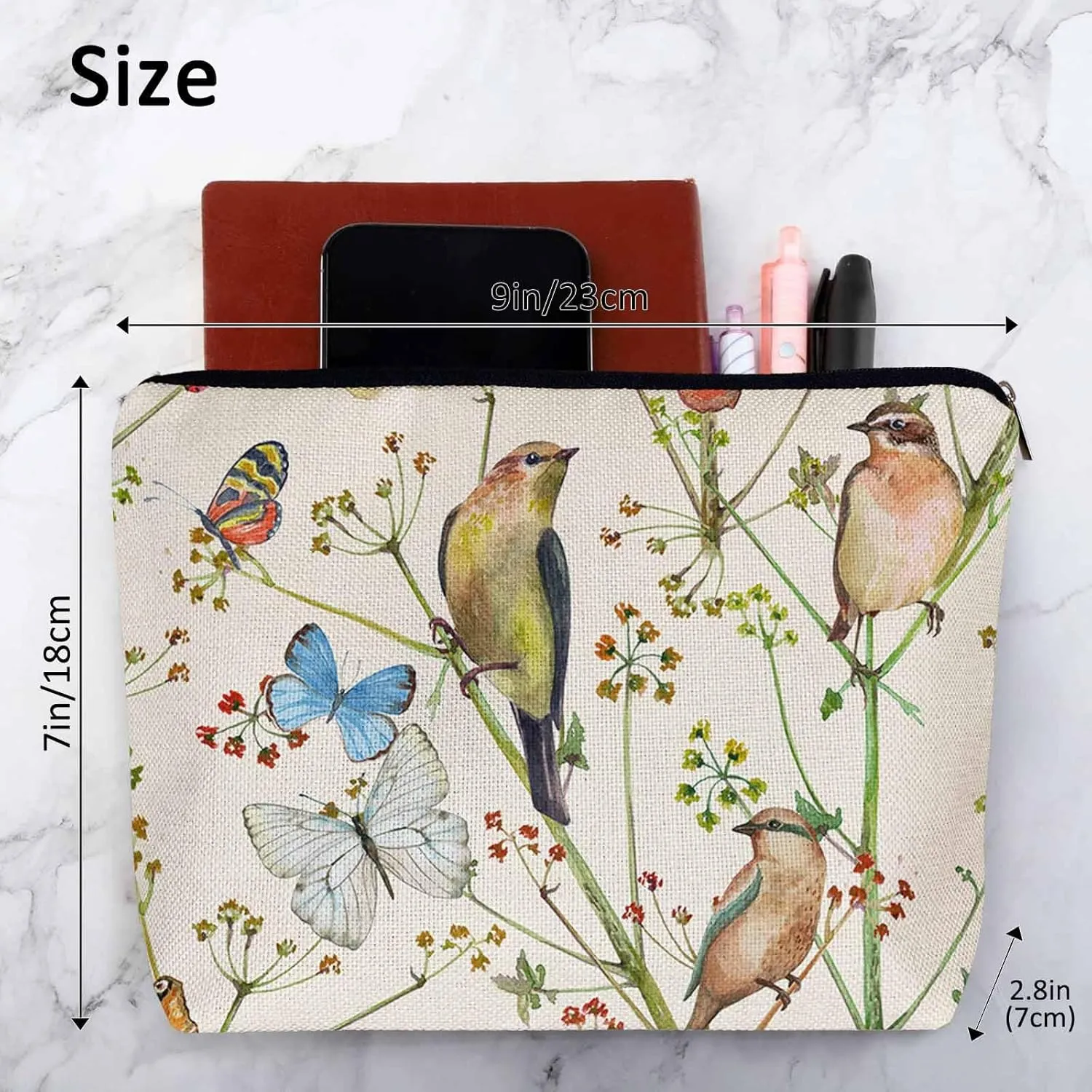 Birds Cosmetic Bags For Women, Nature Birds Butterfly Flowers Roomy Makeup Bag Toiletry Bag Accessories Organizer Storage Bags Makeup Pouch For Travel Business Gym Camping Bathroom