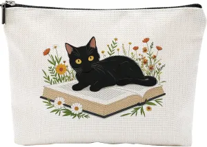 Black Cat Flowers Make Up Bags For Women, Toiletry Bags For Traveling Women, Small Makeup Pouch, Make Up Travel Bag Organizer, Cosmetic Travel Bag Cat Gifts For Cat Lovers(A15)