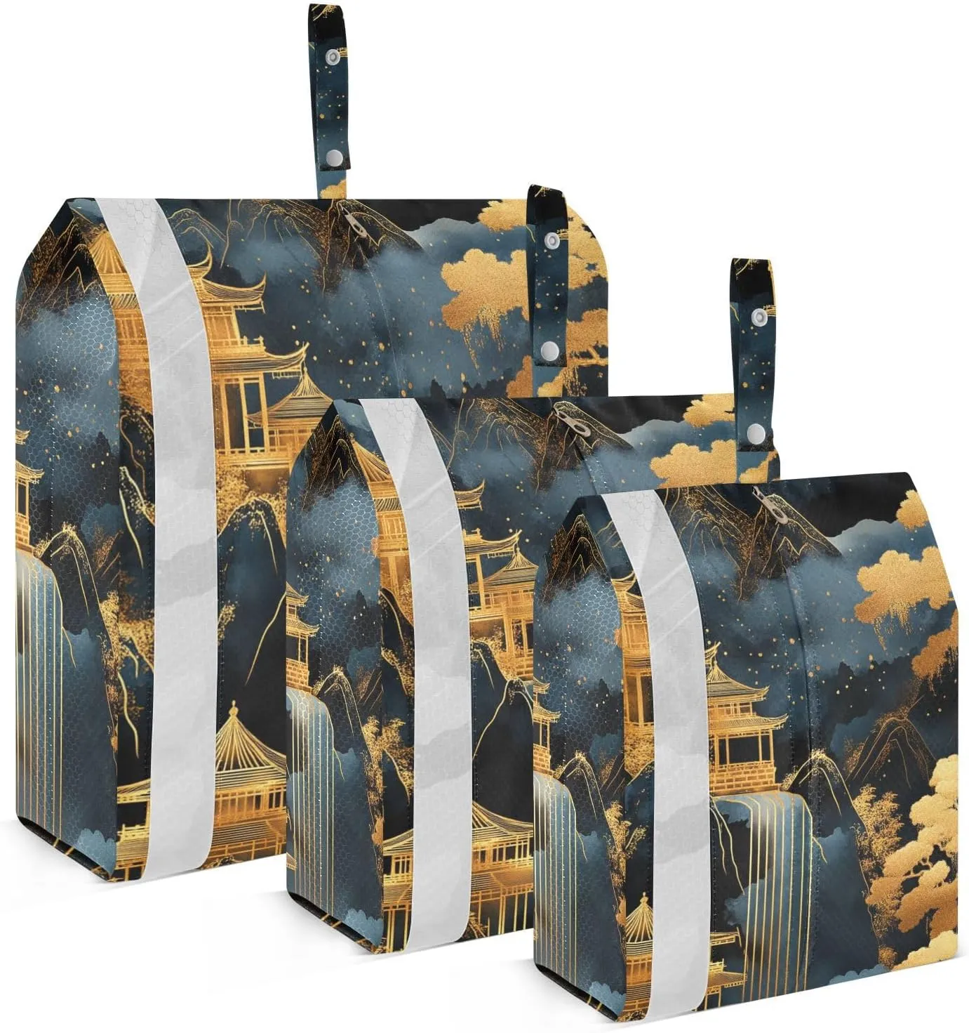 Black Gold Chinese Landscape 3 Set Packing Travel Bags Collapsible Garment Bag Closet Storage Bag For Traveling Saver Bags
