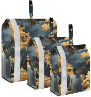 Black Gold Chinese Landscape 3 Set Packing Travel Bags Collapsible Garment Bag Closet Storage Bag For Traveling Saver Bags