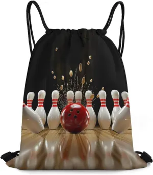 Bowling Ball Strikes Bowling Pins Drawstring Backpack Casual String Bag Sports Sackpack Cinch Bags for Gym Travel